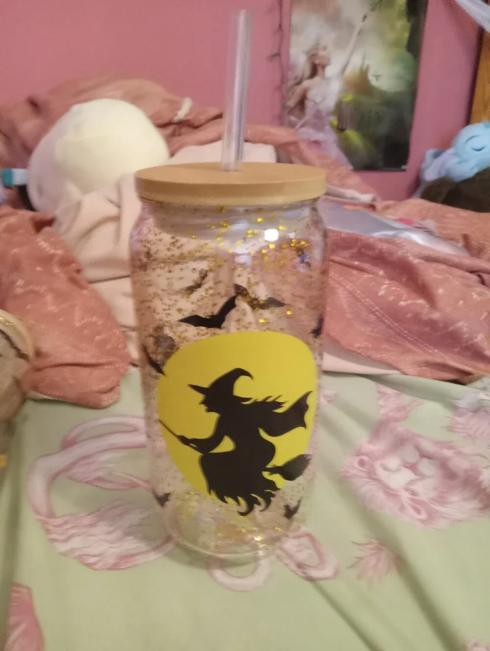 Set Of 2 Halloween Plastic Glasses Bats And Flying Witch
